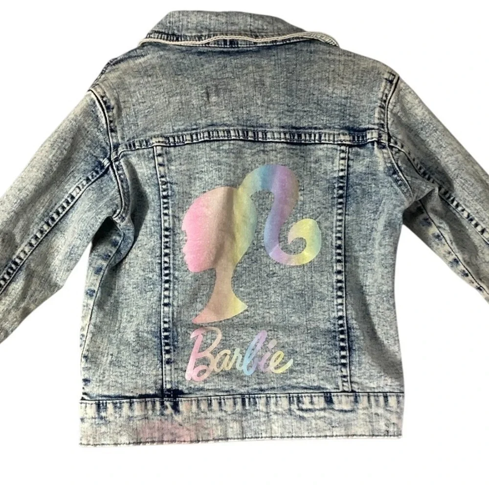 Barbie Girls Denim Jacket XS 4 5 Acid Wash Rainbow Embroidered Jean Coat Kids‎
